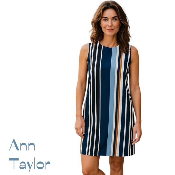 Ann Taylor  Navy Bold Stripe Print Career Office Shift Dress NWOT Size 2 - Picture 1 of 12